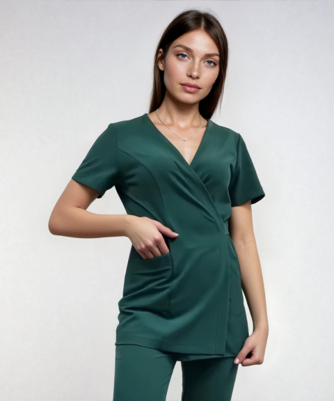 Bluza medyczna, kosmetyczna wiązana damska - LENA - zieleń butelkowa