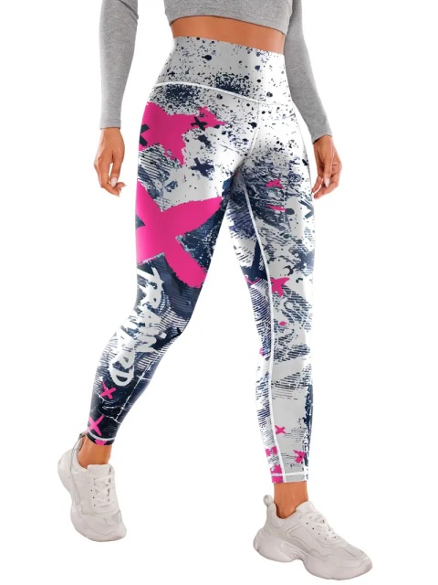 Damskie legginsy do jogi z wysokim stanem i nadrukiem - różowe Damskie legginsy do jogi z wysokim stanem i nadrukiem - różowe