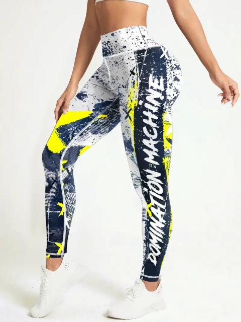 Damskie legginsy do jogi z wysokim stanem i nadrukiem - żółte