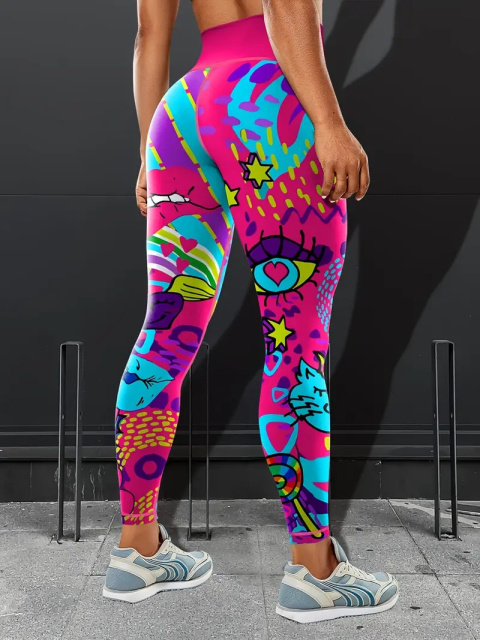 Legginsy do jogi z wysokim stanem graffiti - różowe Legginsy do jogi z wysokim stanem graffiti - różowe
